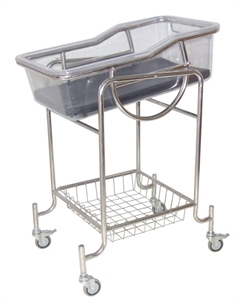 Picture of Safety Stainless Steel Hospital Baby Crib With Silent Wheels   Cross Brakes